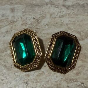 Large Oblong Rhinestone Green Earrings